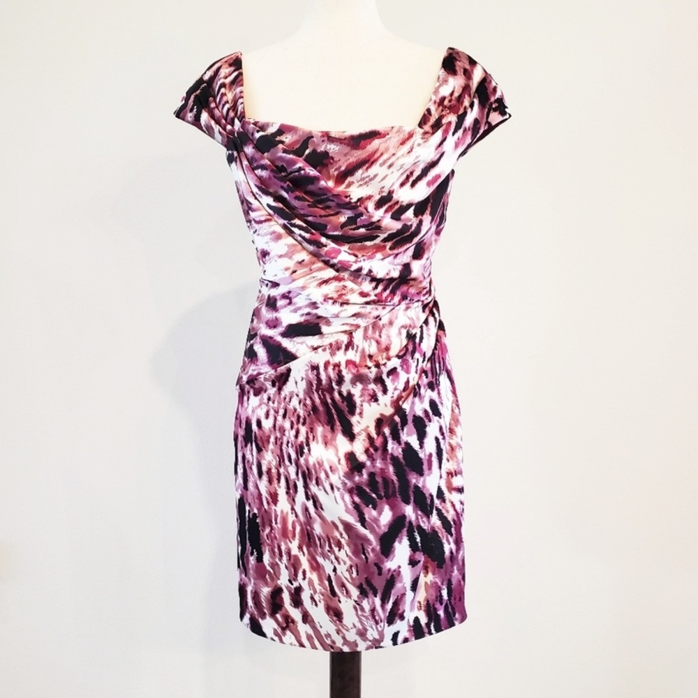 Tadashi Shoji Pink Black Amimal Print Sheath Satin Rouched Dress Sz 4